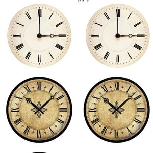 May include: Four vintage-style clocks with Roman numerals. Two clocks have a cream-colored face with black hands and numerals. The other two clocks have a distressed, aged appearance with black hands and numerals, and a decorative center.