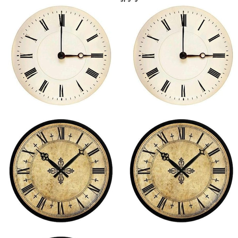 May include: Four vintage-style clocks with Roman numerals. Two clocks have a cream-colored face with black hands and numerals. The other two clocks have a distressed, aged appearance with black hands and numerals, and a decorative center.