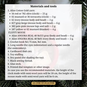 May include: A list of materials and tools for a craft project, including various yarns, crochet hooks, needles, cardboard, toy stuffing, and glue. The text includes measurements in grams and centimeters. The image also includes the text "FLUFFY MOUSE".