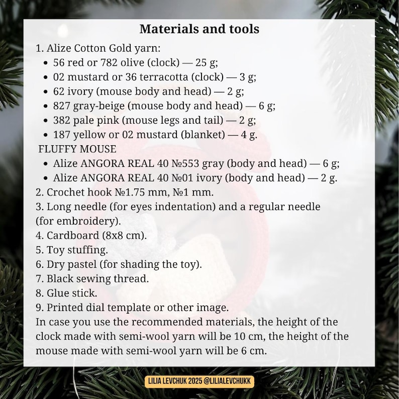 May include: A list of materials and tools for a craft project, including various yarns, crochet hooks, needles, cardboard, toy stuffing, and glue. The text includes measurements in grams and centimeters. The image also includes the text "FLUFFY MOUSE".