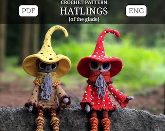 Hatlings, Halloween decor, crochet Halloween Pattern, Magic mushrooms, hats mushrooms, fairy pattern, mushroom crochet, doll for Halloween