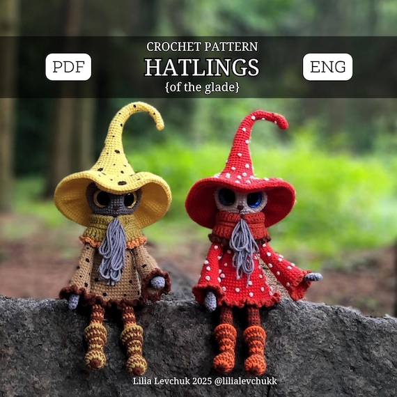 Hatlings, Halloween decor, crochet Halloween Pattern, Magic mushrooms, hats mushrooms, fairy pattern, mushroom crochet, doll for Halloween