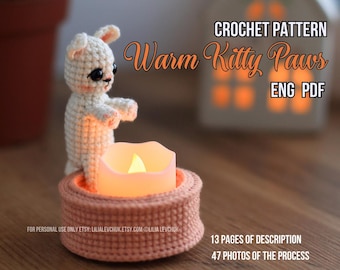 Amigurumi crochet animal pattern - Warm Kitty Paws, cat crochet pattern, candle holder crochet pattern, crochet night light
