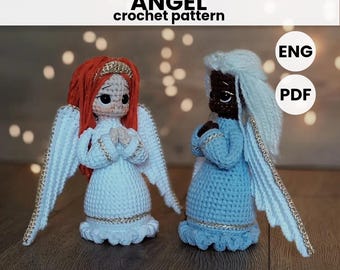 May include: Crochet pattern for making two amigurumi angels. One angel is white with red hair and the other is blue with white hair. The pattern is available in English and is a PDF download. The text "ANGEL crochet pattern" is at the top of the image.