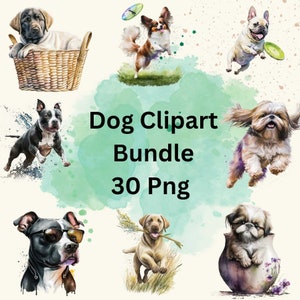 Hondenrassen Aquarel Clipart, 30 PNG Bundel, Labrador Retriever Clipart, Franse Bulldog Clipart, Papillon Dog Clipart, Pitbull, Shih Tzu.