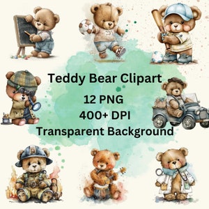 Career Teddy Bear Watercolor Clipart, 12 PNG Bundle, Cosplay Teddy Bear Clipart, Digital Art, Baby Shower, Birthday Cards, Printable Art