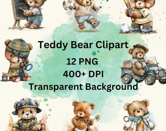 Career Teddy Bear Watercolor Clipart, 12 PNG Bundle, Cosplay Teddy Bear Clipart, Digital Art, Baby Shower, Birthday Cards, Printable Art