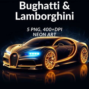 Set van 5 PNG Sport Car Neon art, Card Making, Clip Art, Digital Download, Lamborghini & Bugatti Wall Art, T-shirt, Mokken, cadeaus voor hem.