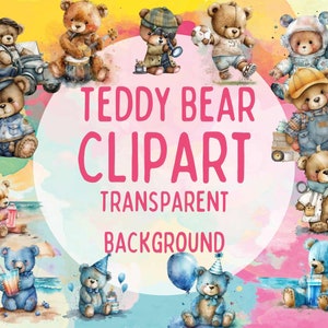 Carriera Teddy Bear e compleanno acquerello Clipart, 29 PNG Bundle, Cosplay Teddy Bear Clipart, Baby Shower, biglietti d&#39;auguri, arte stampabile