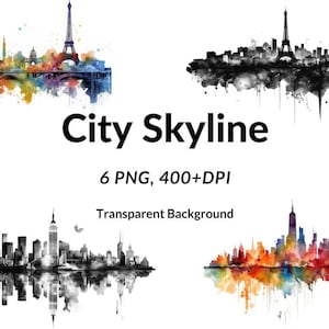 Set of 6 Transparent Background PNG, City Skyline Clip art Bundle, Watercolor City Skyline Clipart, Sublimation watercolor art, Paper crafts