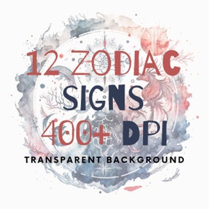 12 signes du zodiaque PNG Clipart Bundle, conception d'horoscope, signe de conception d'étoile, symboles de thème astral, aquarelle zodiaque, Lion, Bélier, Verseau, Cancer