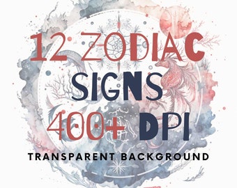 12 Zodiac Signs PNG Clipart Bundle, Horoscope Design, Star Design Sign, Birth Chart Symbols, Watercolor Zodiac, Leo, Aries, Aquarius, Cancer
