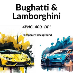 Set of 4 PNG Sport Car Watercolor Clip art, Card Making, Clip Art, Digital Download, Lamborghini & Bugatti Wall Art, T-shirt, Mugs, Frame.