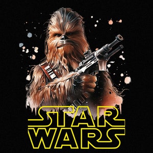 May include: A digital illustration of Chewbacca, a Wookiee character from Star Wars, holding a blaster rifle. The background is black with white and orange splatters of paint. The text "STAR WARS" is written in yellow letters below Chewbacca.