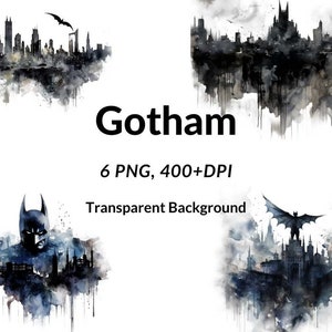 Conjunto de 6 PNG de fundo transparente, pacote de clipart do horizonte de Gotham City, clipart do horizonte de Gotham City em aquarela, arte em aquarela de sublimação