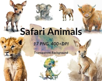 Set of 17 PNG Safari Animals Watercolor Clip art, Card Making, Clip Art, Digital Download, Nursery Safari Animals Clipart, Animals Wall Art.