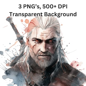 Witcher Geralt Poster, Geralt of Rivia Clipart, Geralt Clip art, Witcher Watercolor PNG, Instant Download, Witcher png, Sublimation Art