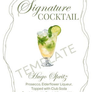 Digitaler Download Signature Cocktail Hugo Spritz Bar Menüschild - Elegante Party, Hochzeit oder Event - Bearbeitbar in Canva