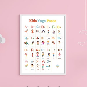 Ilustración de yoga para niños, decoración imprimible para el aula, impresión de posturas de yoga con el alfabeto, decoración de dormitorio infantil, póster Montessori, archivo digital