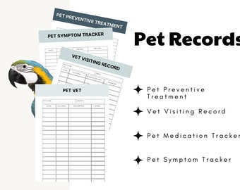 May include: Printable pet record keeping forms with headings for Pet Preventive Treatment, Pet Symptom Tracker, Vet Visiting Record, and Pet Vet. The forms are in a light blue and gray color scheme.