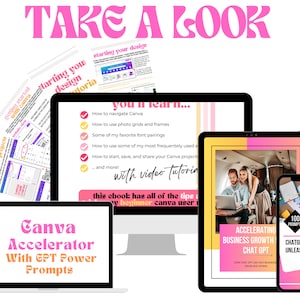 Puede incluir: Un collage de productos digitales que presentan Canva, una plataforma de diseño gráfico. Los productos incluyen un libro electrónico titulado "Canva Accelerator with GPT Power Prompts", una tableta que muestra un sitio web con el texto "Accelerating Business Growth Chat GPT", y un teléfono inteligente que muestra un producto titulado "100 Prompts ChatGPT Power Prompts Unleash the AI's Potential".