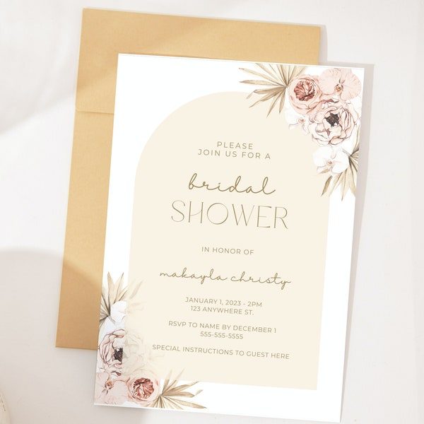 Boho Bridal Shower Invitation Customizable Digital Canva Template