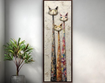 Abstrakte Katzen Lange, schmale Wandkunst - Hohe schmale Wandkunst - Strukturiertes Katzenwanddekor - langes vertikales Wanddekor
