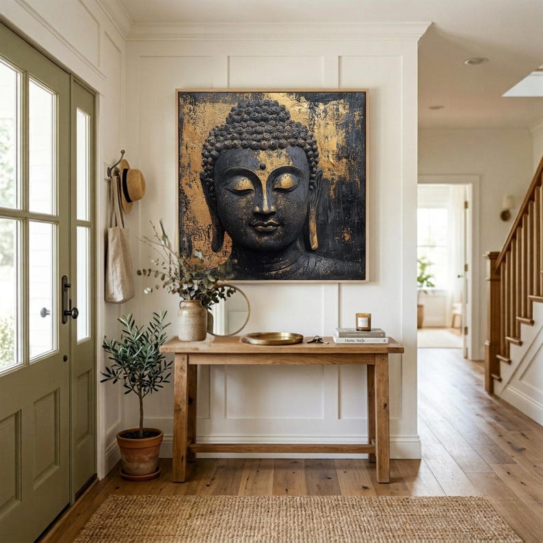 Buddha Wall Art Canvas Print | Textured Entryway Decor | Square Gold ...