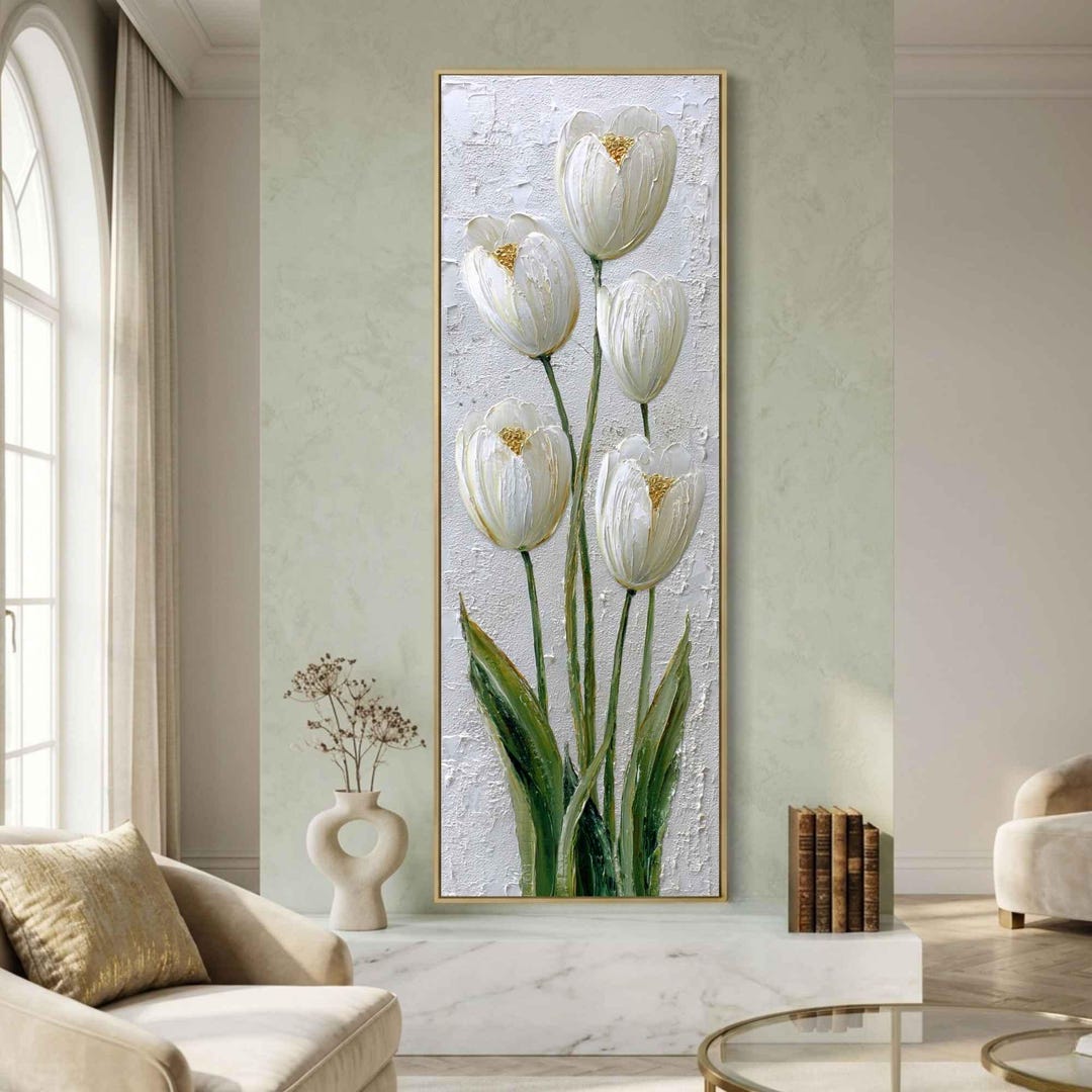 Tulips Floral Original Paintin G - Long Narrow Wall Art - Tall Vertical ...