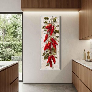 Wandbild mit roten Chilischoten, vertikaler Leinwanddruck, Dekoration mit scharfem Essen, Landhausküchenkunst, Esszimmerkunst, leuchtend rote Paprika