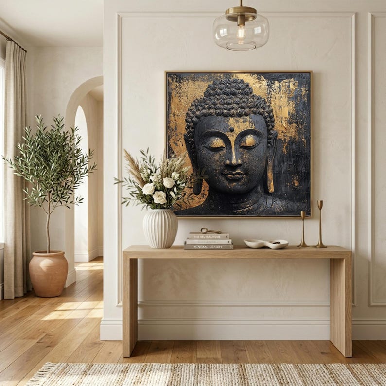 Buddha Wall Art Canvas Print | Textured Entryway Decor | Square Gold ...