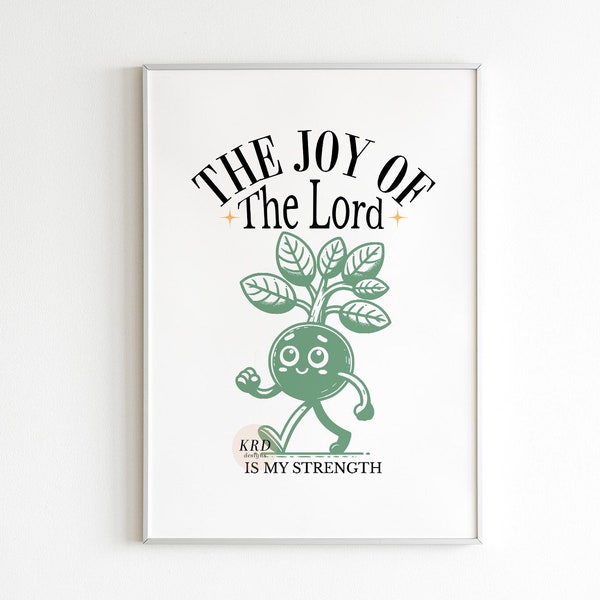 Retro christian poster, The joy of the Lord is my strength printable, Biblical wall art prints, Cute christian artwork gifts, Bible poster