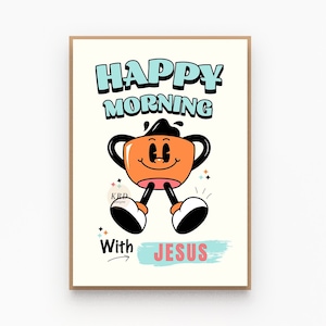 Retro christian wall art print, Coffee with Jesus quotes printable, Biblical affirmations poster, Aesthetic cool cute christian art decor