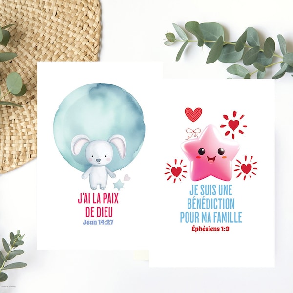 Affirmations positives chrétiennes français pour enfant, 15 cartes verset biblique en français pour enfant, Cadeaux chrétiens en français