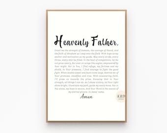 May include: A printable wall art design with a white background and black text. The text reads "Heavenly Father, Grant me the strength of Samson, the courage of David, And the faith of Abraham as I step onto the field. With hope as my anchor and motivation as my guide, May every stride, every throw, every shot be filled. In the heat of competition, let me not grow weary, But soar on wings like eagles, empowered by Your might. For in You, I find refuge, my fortress and my shield. In Your presence, I find courage to fight the good fight. When doubts assail and fears loom large, Remind me of Your promises, steadfast and true. With unwavering faith, I'll press on towards the prize, Knowing that in Your strength, all things I can do. As I chase victory, let Your light shine bright, Illuminate my path, guide my every move. For in You alone, my hope is secure, And Your Word is the source of my eternal groove. In Jesus' name, Amen".