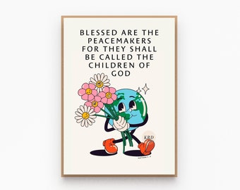 Retro christian poster, Matthew 5:9, Biblical art prints, Floral bible verse poster, Christian room decor aesthetic, Retro scripture print