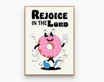 Retro christian affirmation wall art print, Bible verse poster Philippians 4:4, Biblical art prints, Cute christian art room decor aesthetic