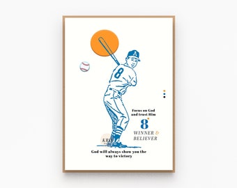 May include: A blue and white illustration of a baseball player in a batting stance with a baseball bat and a baseball in the air. The text "Focus on God and trust Him 8 WINNER & BELIEVER God will always show you the way to victory" is below the illustration.