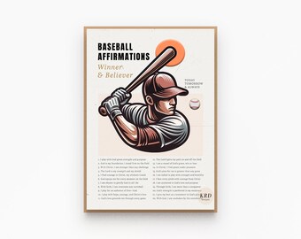 May include: Baseball affirmations art print featuring a baseball player swinging a bat, with a baseball and a sun graphic. The print includes the text "Baseball Affirmations Winner & Believer" and a list of affirmations. The artwork is in shades of brown, beige, and white.
