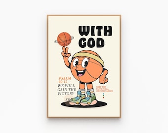 Retro christian basketball wall art, Inspirational biblical faith affirmations poster, Motivation christian sports athlete artwork, Psalm 60