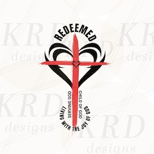 Peut inclure: Conception graphique avec une croix rouge et un petit cœur au centre, sur un motif en forme de cœur noir. Le mot "REDEEMED" est arqué au-dessus de la croix, avec le texte "LIVING WITH THE JOY OF GOD, SERVING GOD, CHILD OF GOD" en dessous.