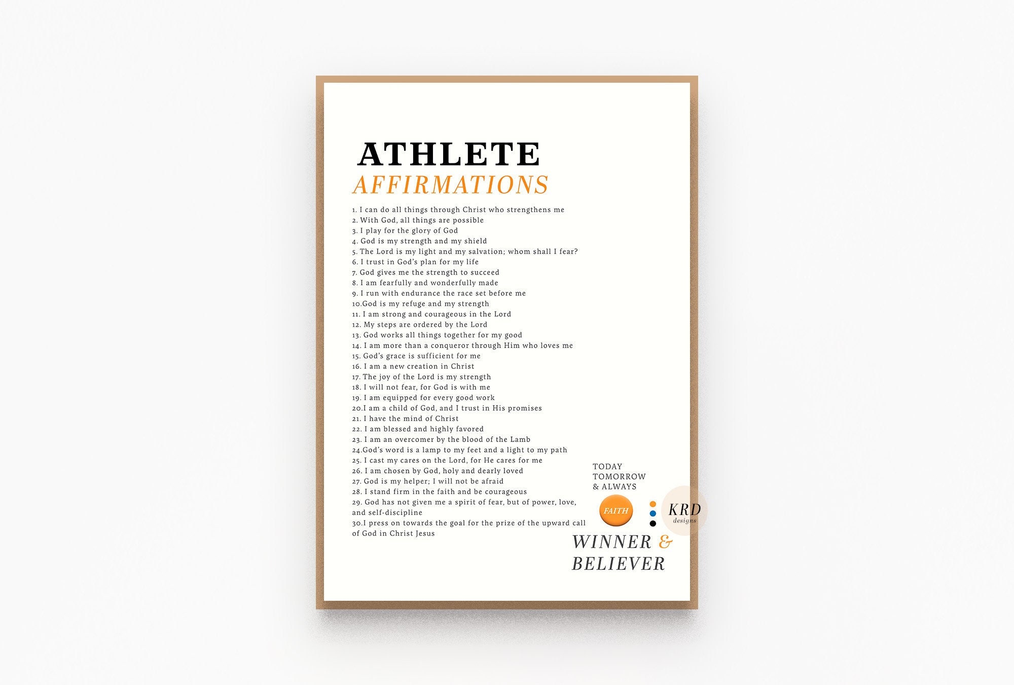Christian sports affirmation wall art print, Biblical faith based art prints decor, Christian athlete player bible quotes poster gifts
