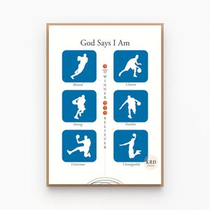 May include: Blue and white motivational poster with the text "God Says I Am" and basketball player silhouettes. The poster features the words "Winner" and "Believer" vertically down the center. The words "Blessed, Strong, Victorious,  Unstoppable, Chosen, Fearless" are listed in blue squares with basketball player silhouettes.