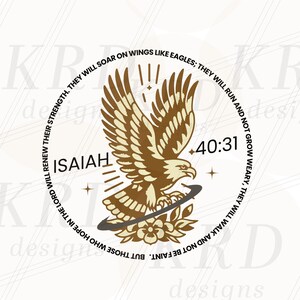 Peut inclure: Un motif circulaire représentant un aigle détaillé aux ailes déployées dans des tons bruns et beiges. Le texte "ISAÏE 40:31" est inclus, ainsi que la citation "ILS S'ÉLÈVERONT AVEC DES AILES, COMME LES AIGLES; ILS COURRONT, ET NE SE LASSERONT POINT, CEUX QUI SE CONFIENT EN L'ÉTERNEL RENOUVELLENT LEURS FORCES."