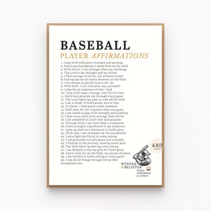 Christian baseball player affirmations wall art, Biblical faith based artwork room decor gift, Motivational christian sports athlete poster