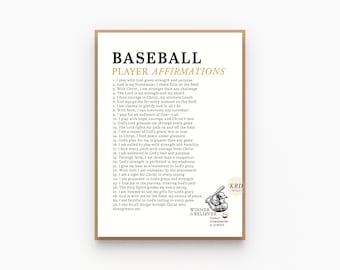 Christian baseball player affirmations wall art, Biblical faith based artwork room decor gift, Motivational christian sports athlete poster