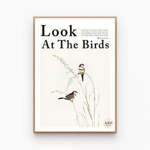 Peut inclure: Impression d'art encadrée avec le texte "Look At The Birds". L'impression présente deux oiseaux perchés sur de hautes herbes, avec une citation sur les oiseaux. L'œuvre d'art a une palette de couleurs neutres.
