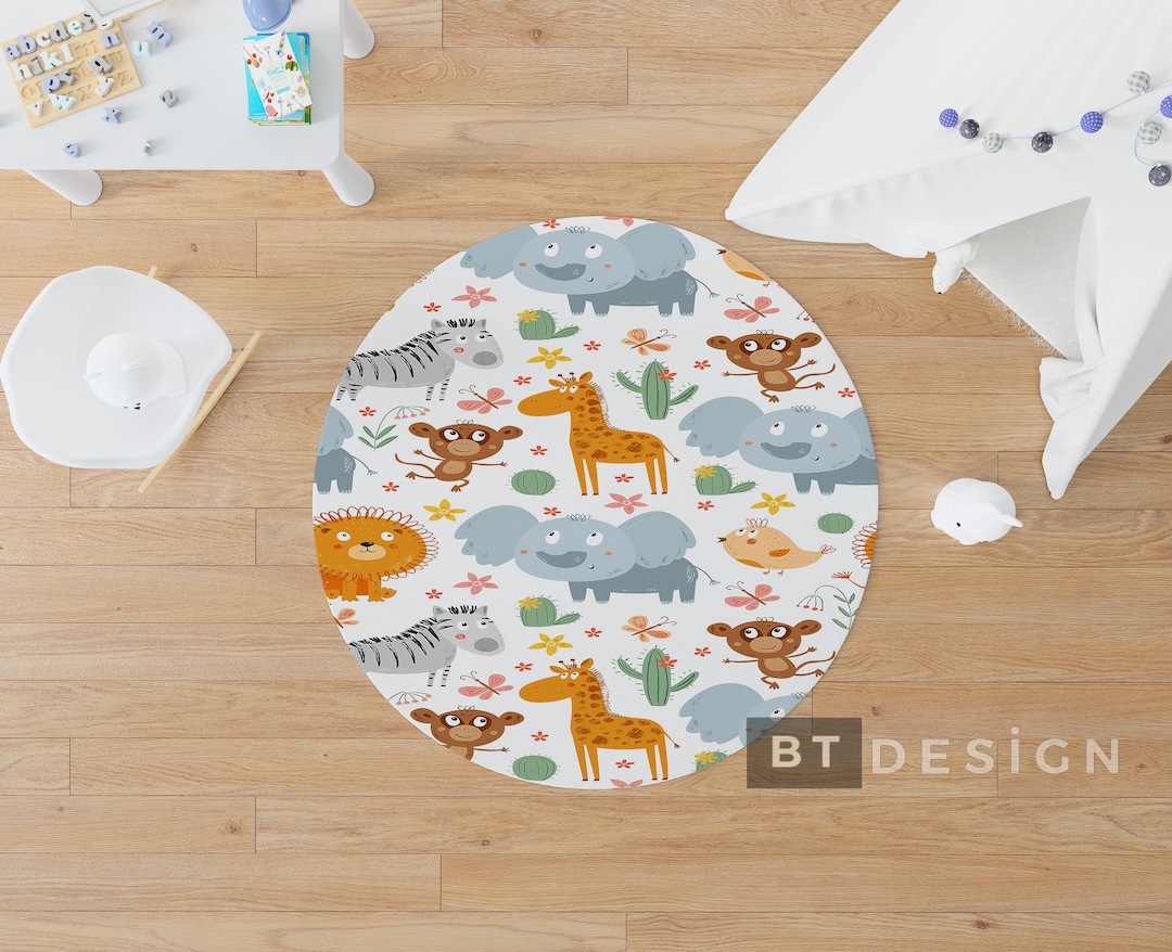 Nursery Round Rug, Zoo Animals Themed Nonslip Area Rug, Hand-drawn ...