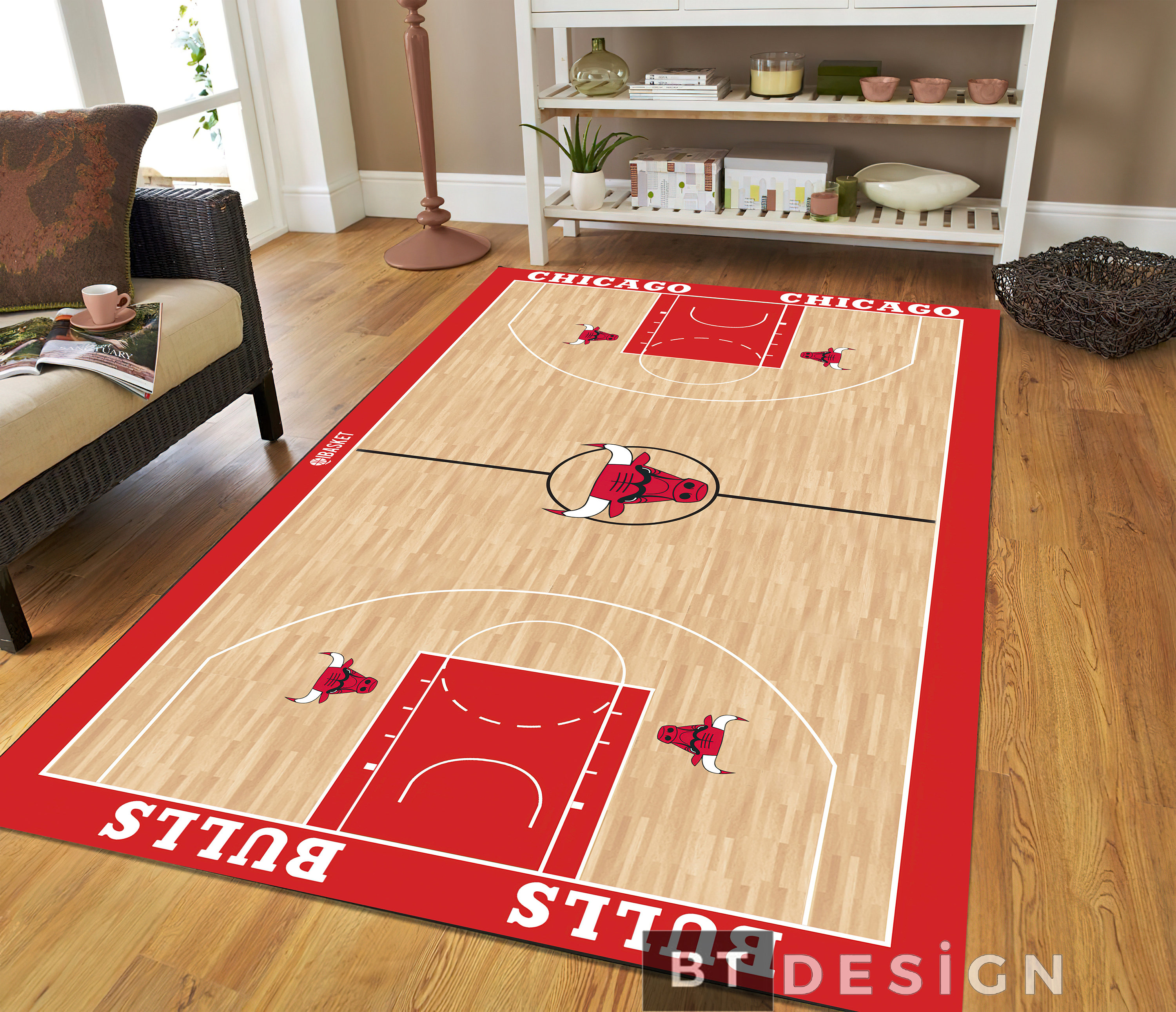 Chicago Bulls Rug, Basketball Court Themed Nonslip Area Rug, Playroom