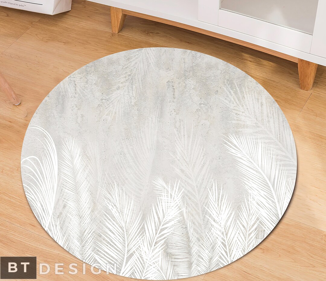 Leaf Rug, White Leaf Themed Nonslip Area Rug, Gray Circle Rug for